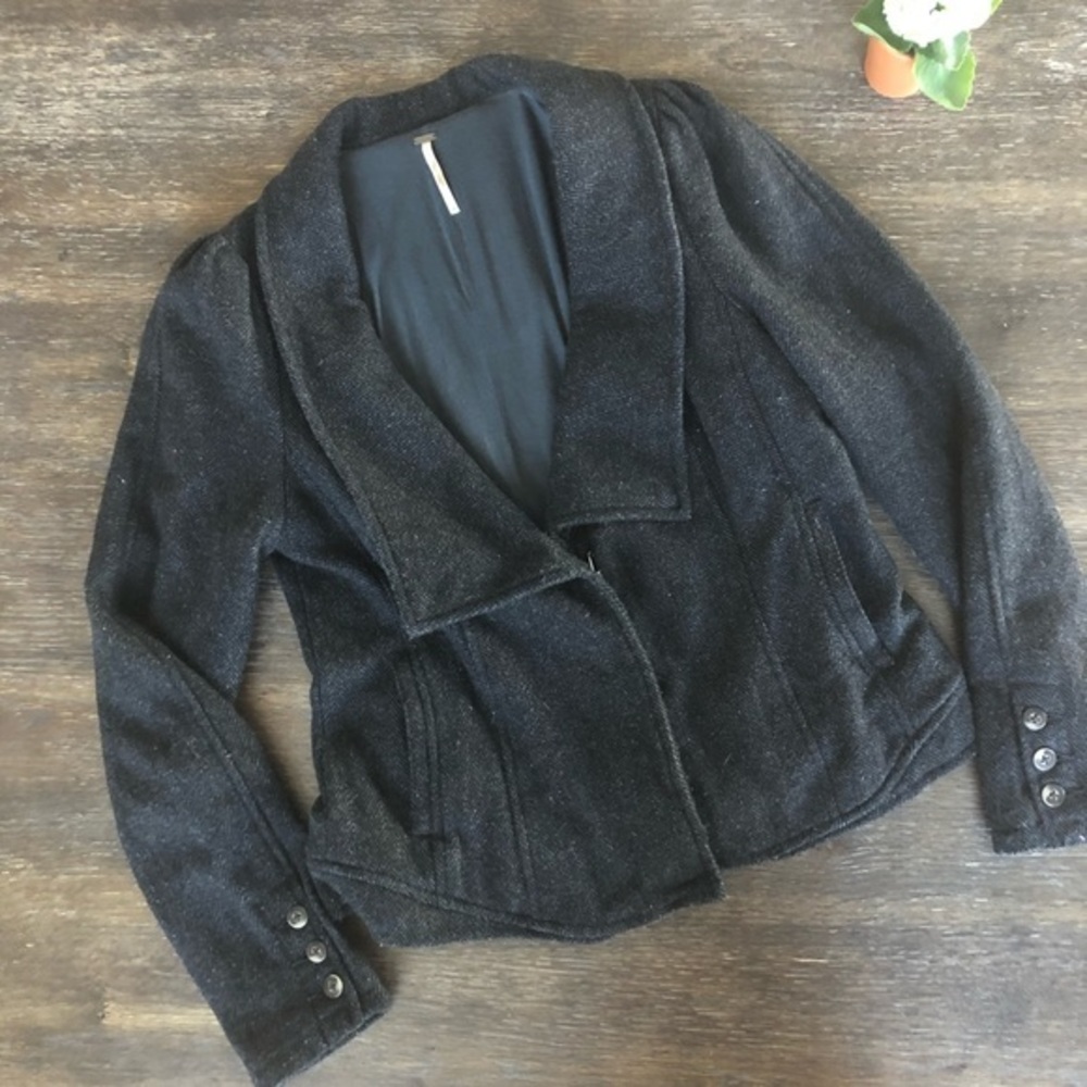 Free‎ People dark grey herringbone blazer academia